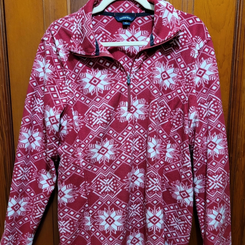 Lands' End Red and White Snowflake Fleece XL